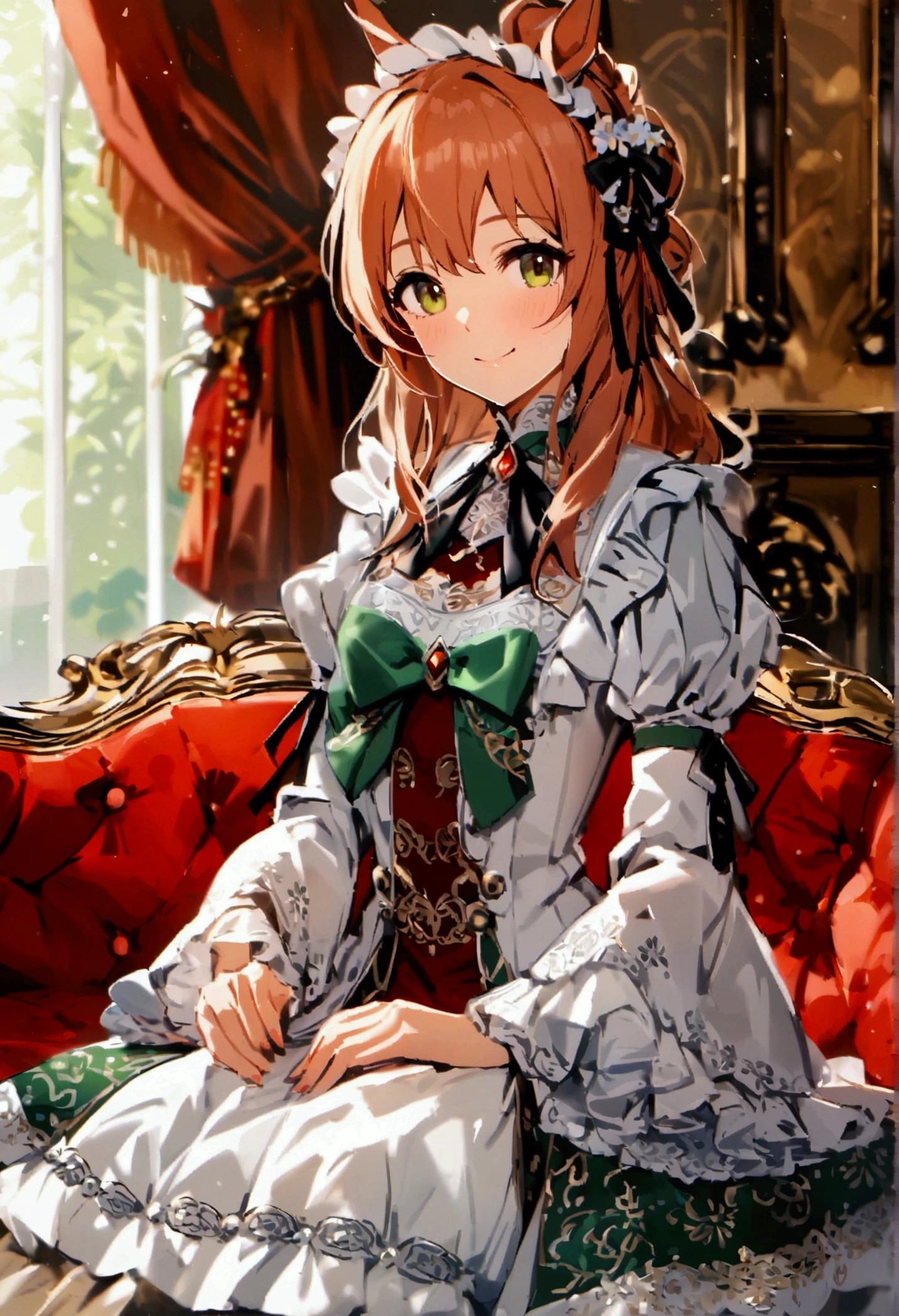(((Horse Girl))), (((Fine Motion))), sitting on a luxurious red sofa, smile, A young lady-like outfit with white as the base and green embroidery, , High resolution,