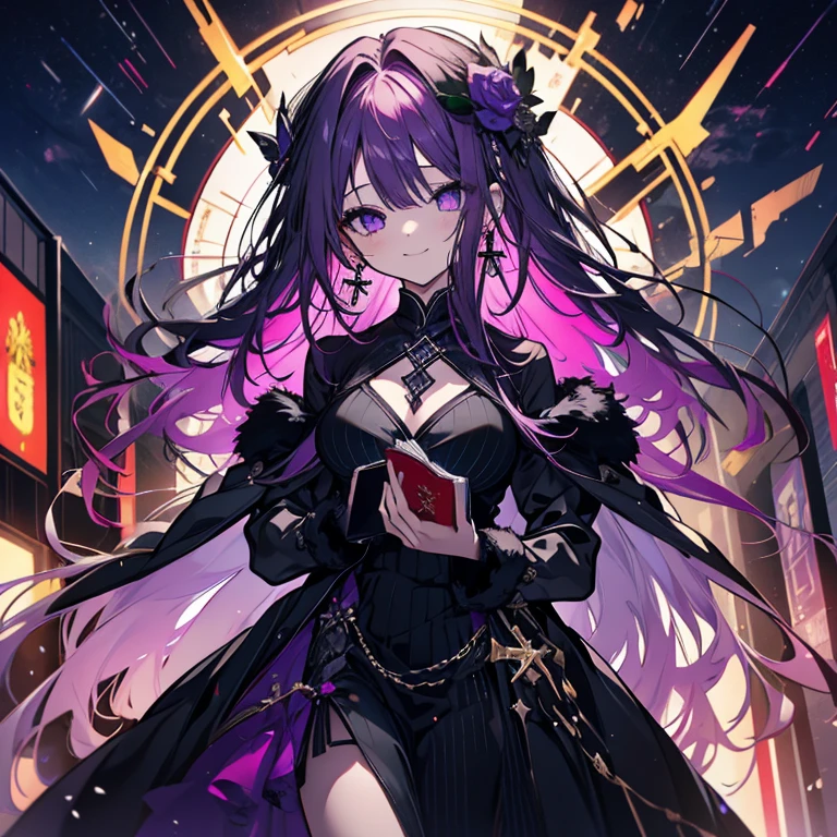 1 girl、Mature、Ample breasts、Long Hair、Purple Hair、Center Part、Black Dress、Long sleeve、Dress with open chest、Dress with a cross、Fur coat、Long coat、Emerald green earrings、cross tattoo on forehead、Have a thick book、Wine Red Book、Starry Sky、A seductive smile、Night view、Like a jewel、Cinema Lighting、High resolution、Highest quality
