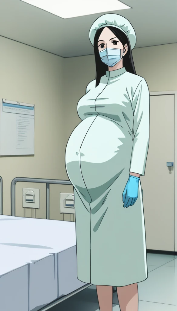 score_9, score_8_up, score_7_up, source_anime, raw image, masterpiece, highest quality, kasuganoray, pale skin, her eyes are happy, long black hair, big breasts, scrubs, surgical mask, bouffant cap, long sleeve maternity dress, put on another long sleeved coat, seamless, navel head, the dress isn't wrinkled, long white stockings,
1girl, pregnant, solo, long rubber gloves, looking down, furrowed brow, hospital bed, light shines from the ceiling, standing, patient room background, She is inquiring about the patient's condition