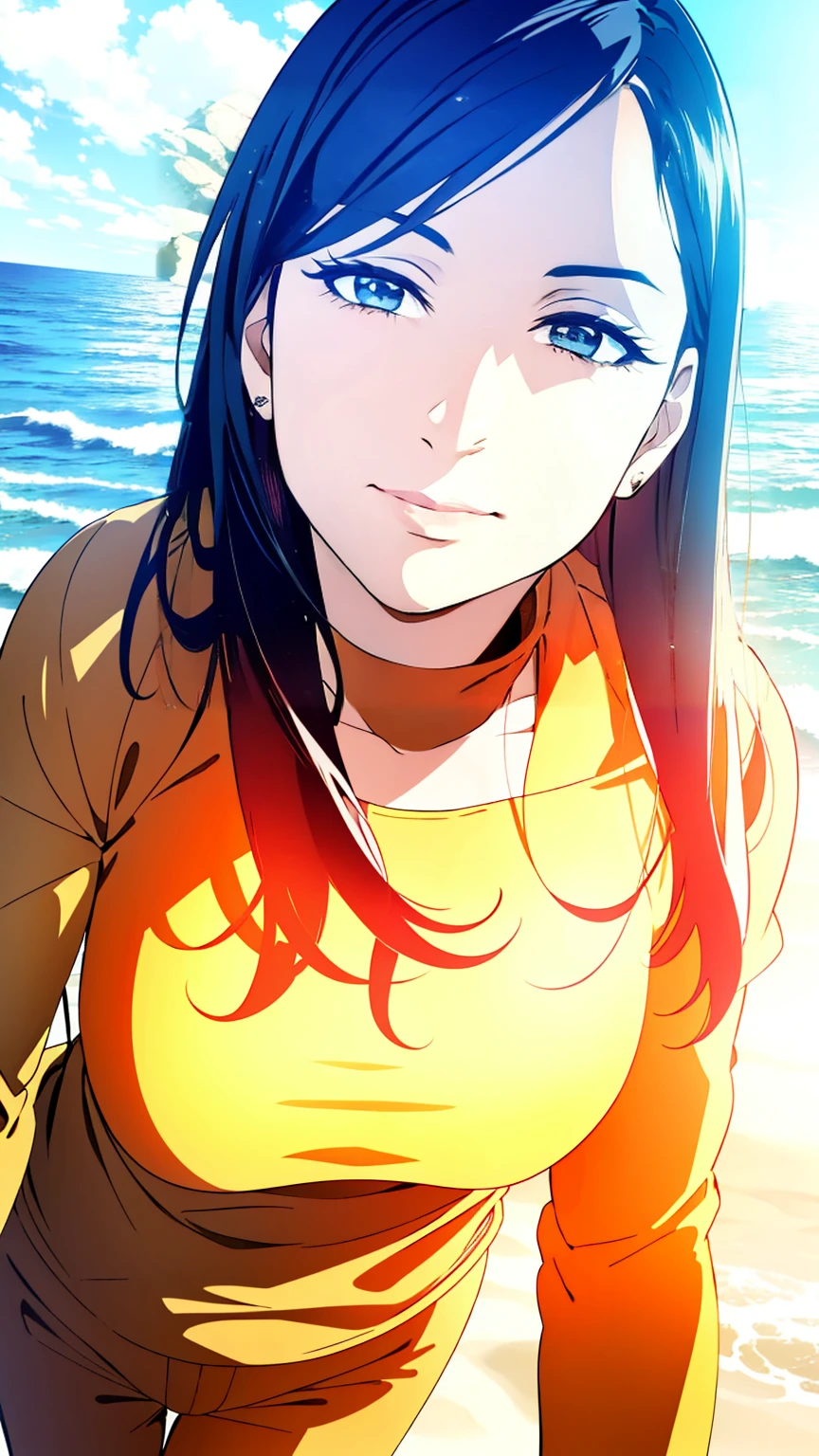 1girl with long black hair, detailed realistic face, beautiful detailed eyes, beautiful detailed lips, extremely detailed face, long eyelashes, woman standing on the beach, ocean waves, golden sunset sky, soft sand, tropical plants, photorealistic, 8k, high resolution, intricate details, cinematic lighting, vibrant colors, dramatic lighting, volumetric lighting, realistic skin textures, realistic clothing textures, hyper detailed, masterpiece