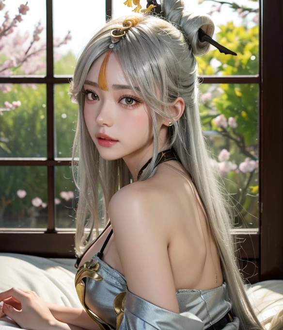 anime style, (masterpiece:1.35),(bestquality:1.4), 8k,ultra-detailed, photography, (ultra-realistic:1.4), film grain, Fujifilm XT3, depth of field, female focus, mature female, (sexy Asian female:1.45), (back hand), (photo from sidr)!!, adult, (looking at nature view)!!, bare shoulders, blush, seductive smile, fresh lips, detached sleeves, earrings, fingernails, hair between eyes, hair bangs, (silver hair)!!, very long hair, detailed realistic hair, golden hair pin ornament, japanese clothes, kimono clothes, detailed realistic clothes, jewelry, yellow gemstone, detailed jewelry, short dumbbell neck, neck garter, leather necklace, plump breasts, (breast cleavage)!!, super seductive temptation, open skirt, petticoat, (fishnet legs)!!, stockigs, smooth thighs cleavage, garter thighs, armpit, erotic, nontraditional ningguang, detailed eyes, (shiny eyes pupils:1.25)!!, (colored sharp eyes)!!!, (homochromatic eyes)!!, cherry blossom,  sidelocks, (lie down at bed)!!, window with flower, ningguang \(genshin impact\), (correct anatomically)!!, 