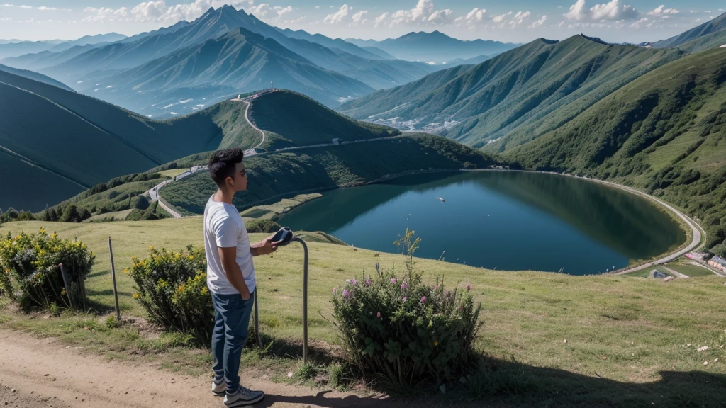 um menino sentado na moutain com uma lamparina na mão e chapéu chines, beautiful landscape, moutain