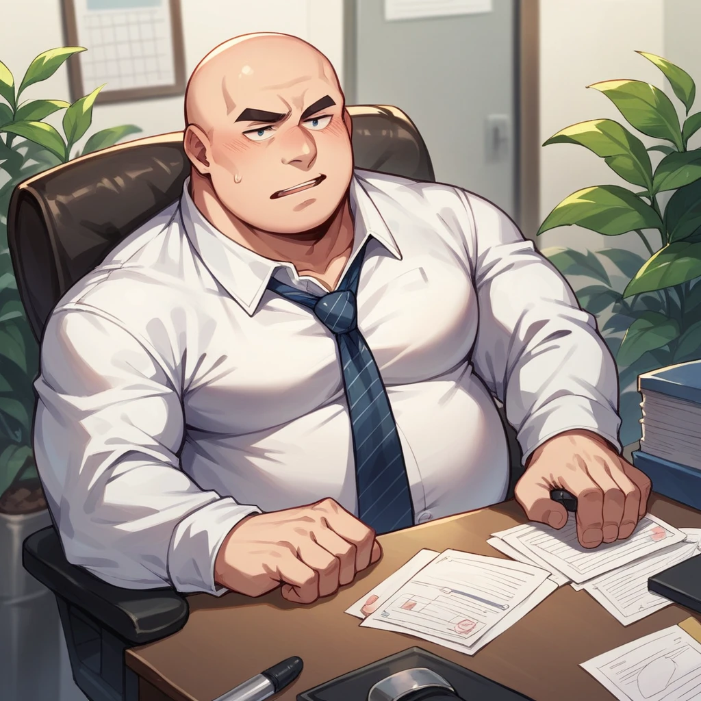 A fat, bald man is sitting in the office, he is working, he is wearing a shirt and tie.