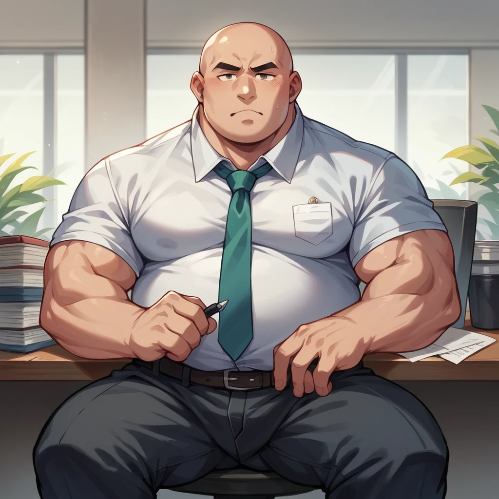 A fat, bald man is sitting in the office, he is working, he is wearing a shirt and tie.