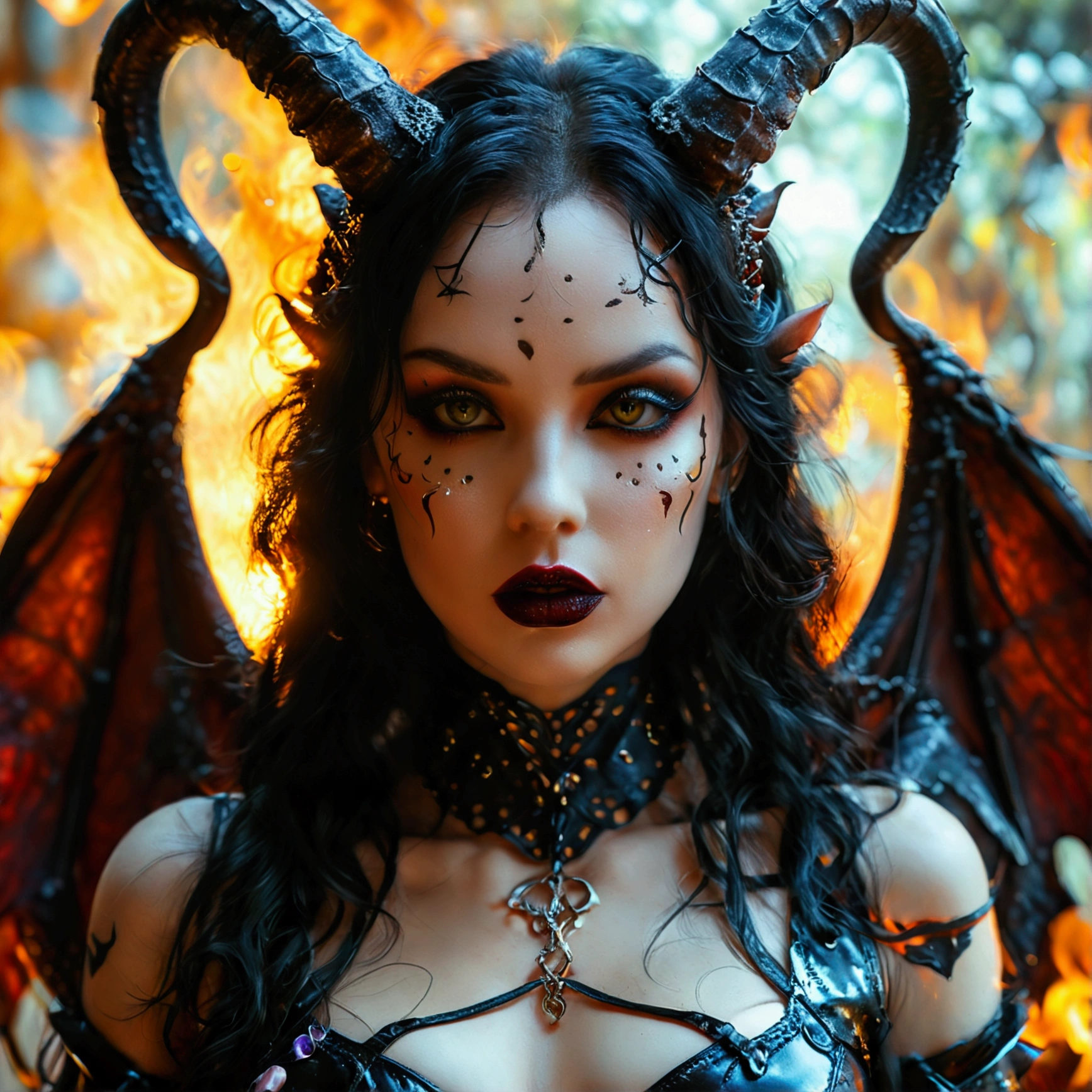 (best qualityer,4K,8K,high resolution,work of art:1.2),ultra detali,(realisitic,photorealisitic,photo-realisitic:1.37),hot and thick succubus mommy with long black hair, intense black lips, wearing a revealing black leather outfit adorned with BDSM elements. Her outfit consists of a seductive bustier, accentuating your voluptuous figure. Her skin is a captivating shade of fiery rot, exuding a demonic allure. Elegantly sprouting from his back is a pair of majestic demon wings.., exquisitely detailed with intricate patterns. On top of her head, She has mesmerizing tiefling horns, exemplifying his supernatural presence. The artwork should capture your seductive aura, showing your confidence and power. The light in the scene should emphasize the seductive curves of your body, casting dramatic shadows and highlights. The color palette should evoke a sense of darkness and desire, with rich contrasting shades of black, rot, and deep browns.