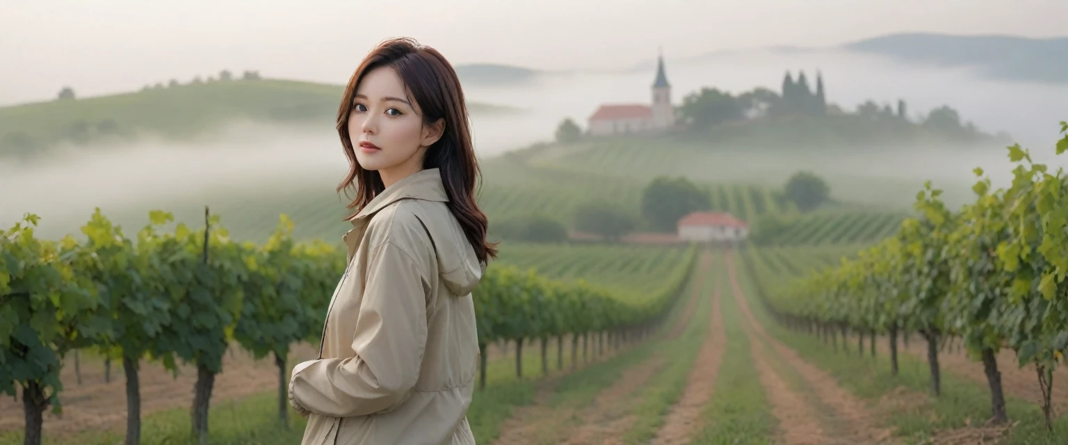 8k best picture quality, Beautiful 36-year-old Korean woman, Chest size 34 inches, The cathedral can be seen through the early morning fog past the vineyards in the Croatian countryside., The back background is realistic and vivid image quality, medium hair, Casual and British - (Beige short-sleeved windbreaker for summer) ,Perfect and realistic photos, The background is realistic. Full body shot with Canon camera 16-35 wide angle lens, expressionless, Standing on a vineyard hill covered in thick fog