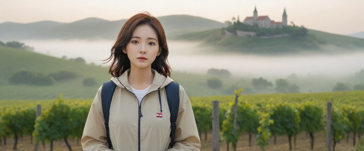 8k best picture quality, Beautiful 36-year-old Korean woman, Chest size 34 inches, The cathedral can be seen through the early morning fog past the vineyards in the Croatian countryside., The back background is realistic and vivid image quality, medium hair, Casual and British - (Beige short-sleeved windbreaker for summer) ,Perfect and realistic photos, The background is realistic. Full body shot with Canon camera 16-35 wide angle lens, expressionless, Standing on a vineyard hill covered in thick fog