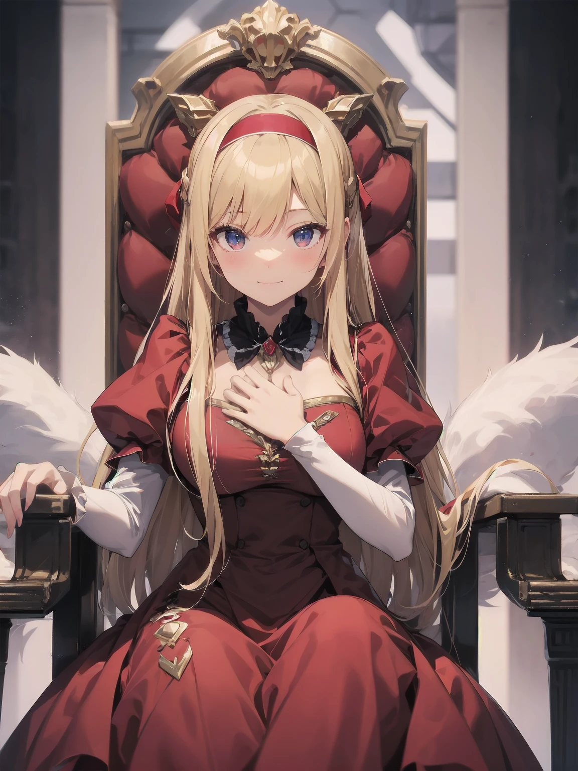score_9, score_8_up, score_7_up, score_6_up, source_anime, 1girl, solo, defAlexia, long hair, blonde hair, red hairband, brooch, red ballgown, puffy sleeves, frilled sleeves, looking at you, smile, sitting on throne, throne, indoors, stone walls, worried, hand to own chest