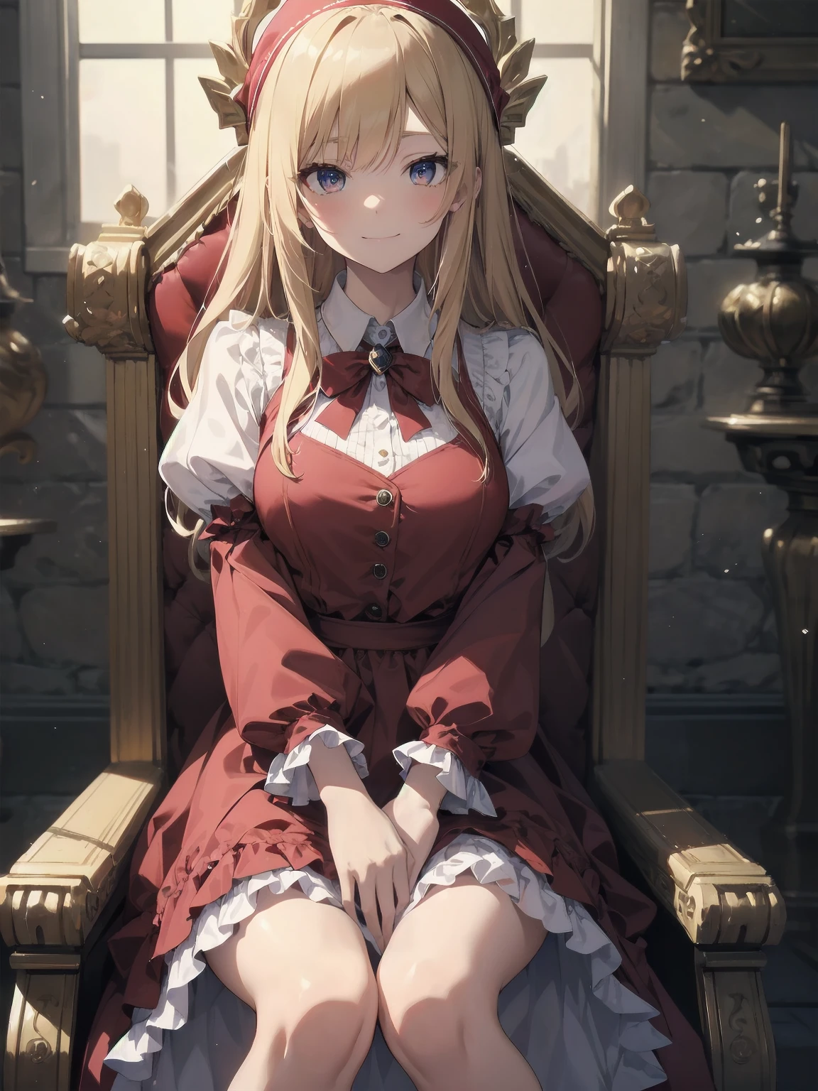 score_9, score_8_up, score_7_up, score_6_up, source_anime, 1girl, solo, defAlexia, long hair, blonde hair, red hairband, brooch, red ballgown, puffy sleeves, frilled sleeves, looking at you, smile, sitting on throne, throne, indoors, stone walls, worried, hand to own chest