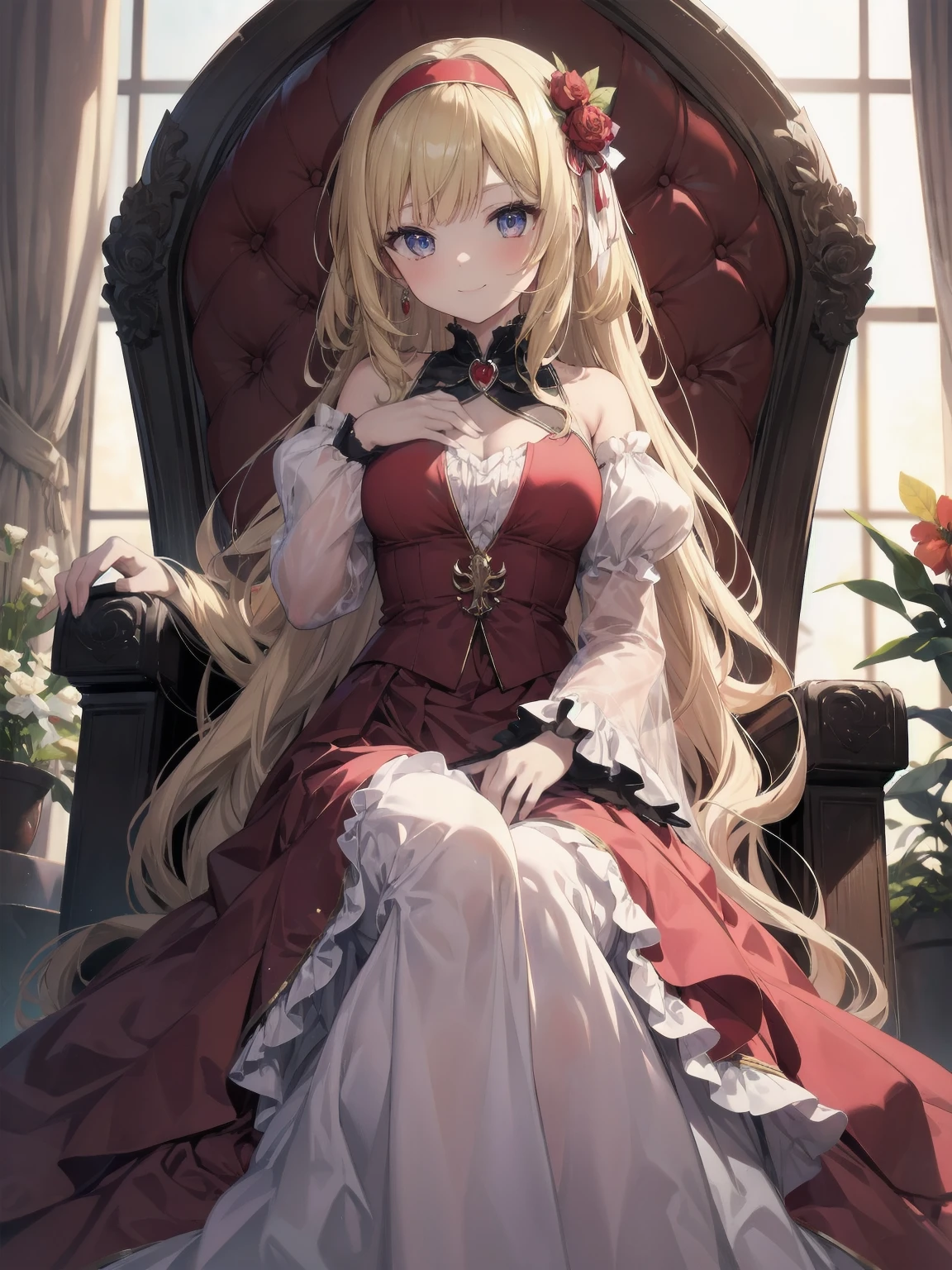 score_9, score_8_up, score_7_up, score_6_up, source_anime, 1girl, solo, defAlexia, long hair, blonde hair, red hairband, brooch, red ballgown, puffy sleeves, frilled sleeves, looking at you, smile, sitting on throne, throne, indoors, stone walls, worried, hand to own chest