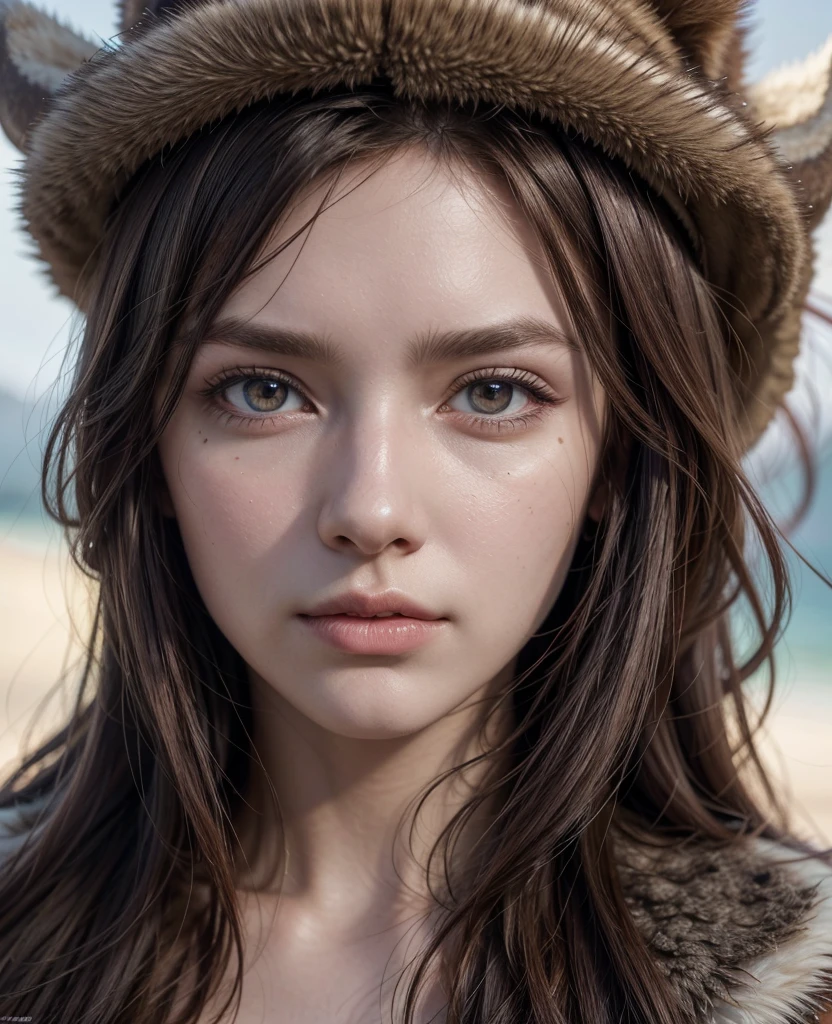 whole body, Free spirit, highly face detailed, feathers, fine and detailed hyperrealistic art Beautiful woman full portrait from head to shoulders, Full Medium Portrait, perfect face detailed, Detailed symmetrical hazelnut eyes with circular iris, soft natural lighting, Symmetrical, natural skin texture, soft lighting, face detailed, fotorrealism, shimmering soft pastel colors, looking at the camera, photorealistic painting, sharp focus, 8K, perfect composition, unreal motor 5, smooth cinematic, viking, fully body, redheadwear, stained with blood, fur coat, animal leather clothing, viking.
