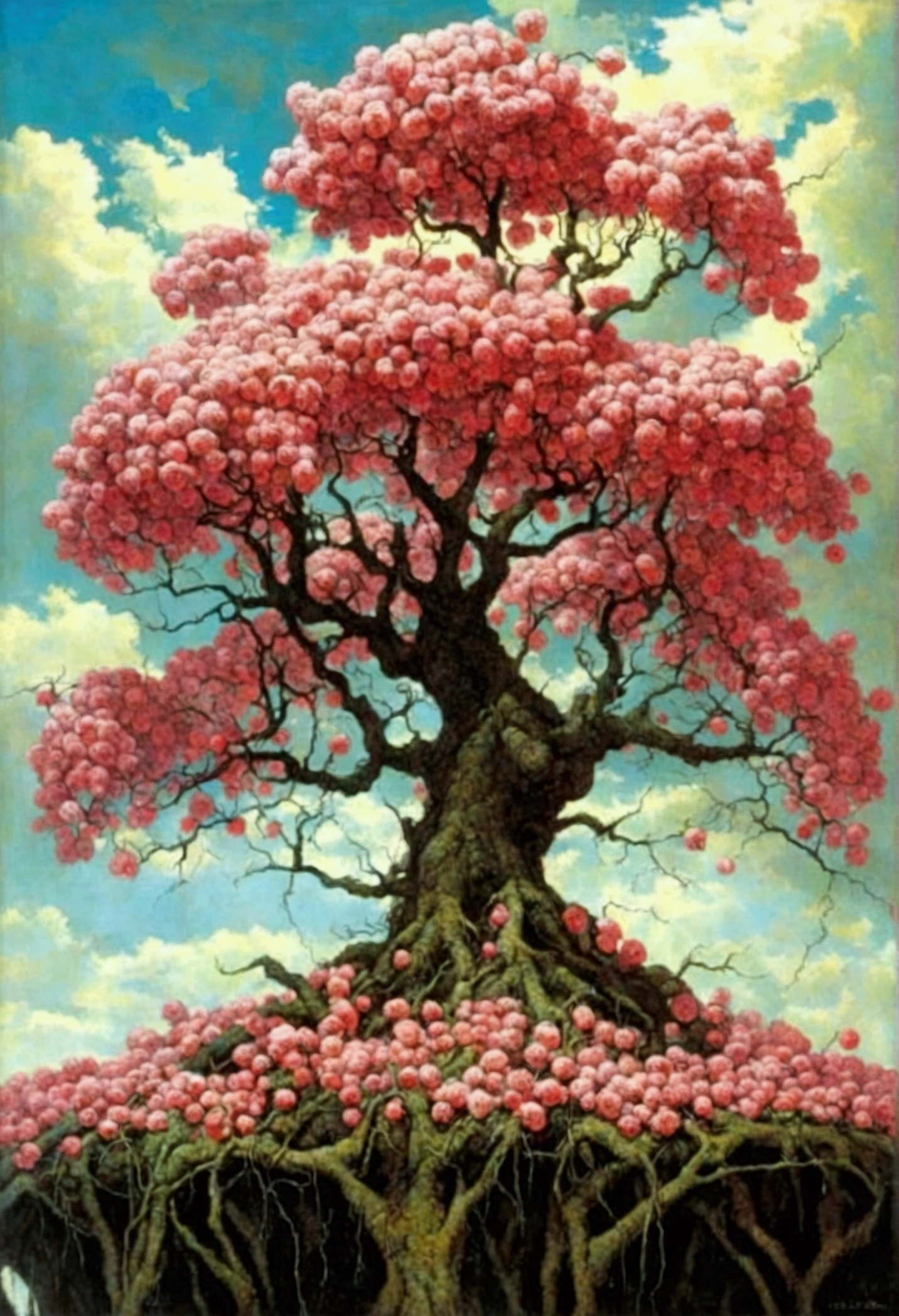 Mythical creatures, author:Zdzislaw Beksiński, Giant cherry tree,tons of corpses