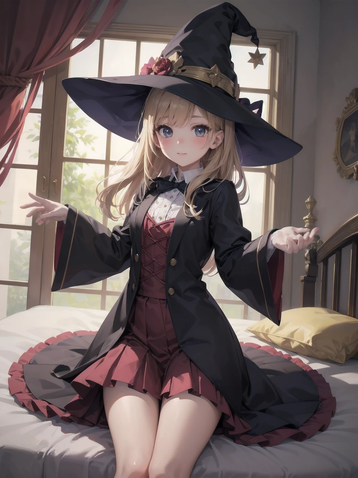 masterpiece, illustration, super detailed, kawaii, one girl, solo, witch in super cute pose, bed room, cowboy shot ,sfw, Dynamic angle