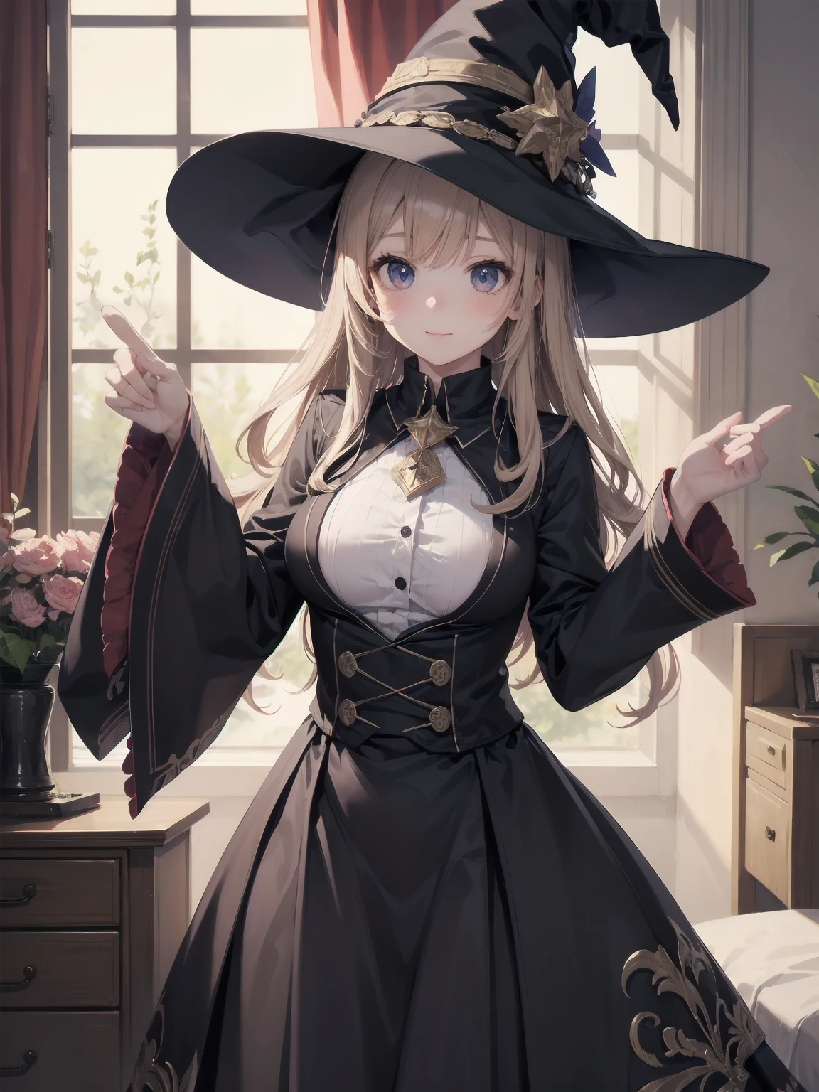 masterpiece, illustration, super detailed, kawaii, one girl, solo, witch in super cute pose, bed room, cowboy shot ,sfw, Dynamic angle