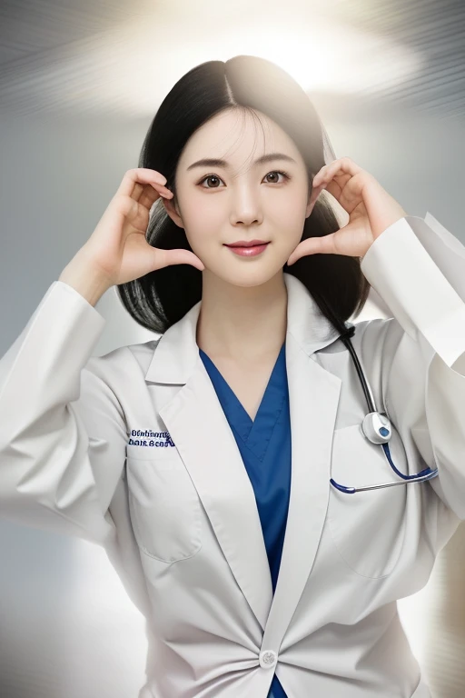 (medium shot), 1girl, (raised arms, fingers at cheeks), smiling, beautiful Japanese female doctor wearing white labcoat over scrubs, beautiful detailed face, Japanese woman, chignon black hair, pale skin, realistic skin, detailed cloth texture, detailed hair texture, Perfect proportion, Beautiful Face, accurate, Anatomically correct, Highly detailed face and skin texture , looking at viewer , modern hospital building, photorealistic