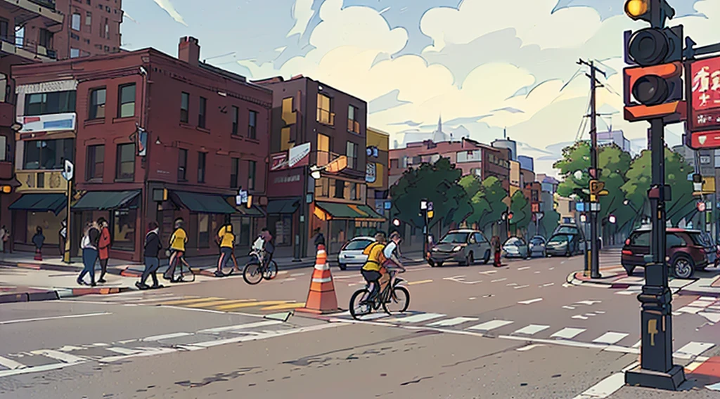 Sharp, thick line art, vibrant and warm colors. Busy street intersection with pedestrians and bicyclists on the road, and a traffic cone. Brick buildings in the background with some cars parked on the street side