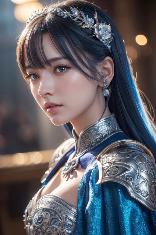 a woman in a silver and blue dress, close-up, highly detailed, intricate character art, beautiful fantasy armor, amazing character design, extremely detailed facial features, detailed digital anime art, grand and ornate character art, art station chengwei pan, yang j, art station artgerm pixiv, best art station, vivid colors, dramatic lighting, cinematic composition, photorealistic, 8k, (best quality, 4k, 8k, highres, masterpiece:1.2), ultra-detailed, (realistic, photorealistic, photo-realistic:1.37), HDR, UHD, studio lighting, ultra-fine painting, sharp focus, physically-based rendering, extreme detail description, professional, vivid colors, bokeh
