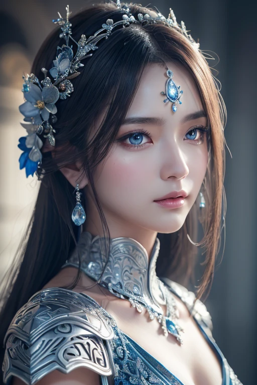 a woman in a silver and blue dress, close-up, highly detailed, intricate character art, beautiful fantasy armor, amazing character design, extremely detailed facial features, detailed digital anime art, grand and ornate character art, art station chengwei pan, yang j, art station artgerm pixiv, best art station, vivid colors, dramatic lighting, cinematic composition, photorealistic, 8k, (best quality, 4k, 8k, highres, masterpiece:1.2), ultra-detailed, (realistic, photorealistic, photo-realistic:1.37), HDR, UHD, studio lighting, ultra-fine painting, sharp focus, physically-based rendering, extreme detail description, professional, vivid colors, bokeh