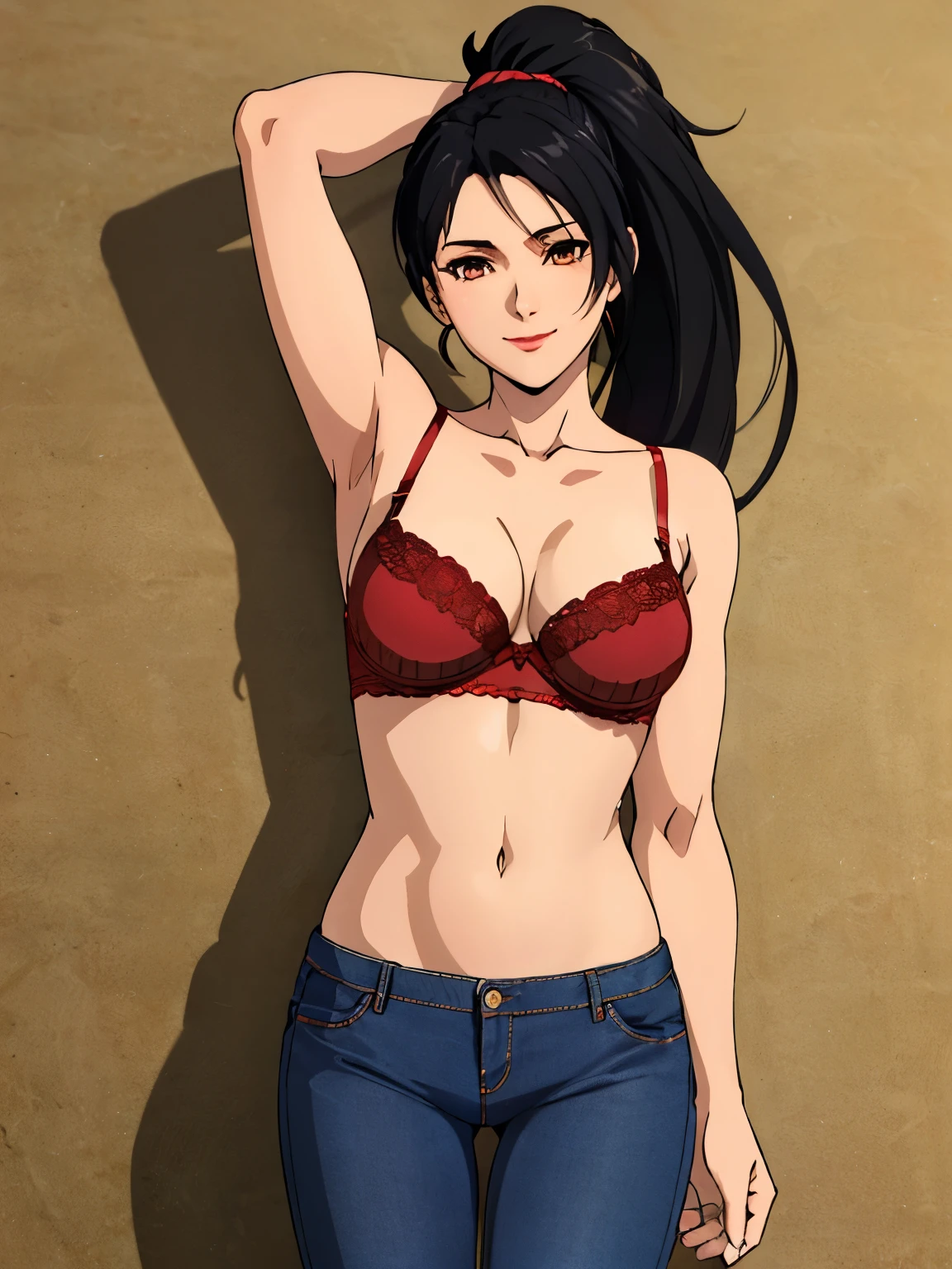 lying:1.6, red strip bra, short jeans, home background, momiji, anime cels style, best quality, high resolution, 1girl, (big breasts:1.0), beautiful face, ponytail, black hair, long hair, long hair, little biceps, long belly, brown eyes, cowboy shot, light smile, red lipstick, stretching