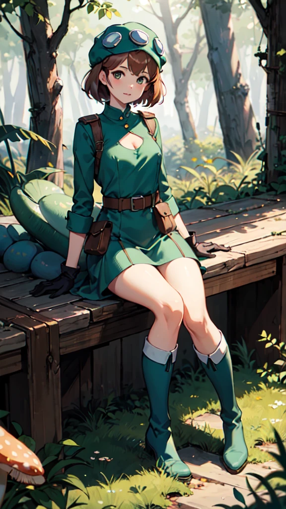 Nausicaa,One girl,
green_dress,length_sleeve,
green gloves,
spats,
knees_boots,
whole body,
Fungi_forest,