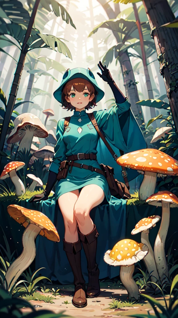 Nausicaa,One girl,
green_dress,length_sleeve,
green gloves,
spats,
knees_boots,
whole body,
Fungi_forest,