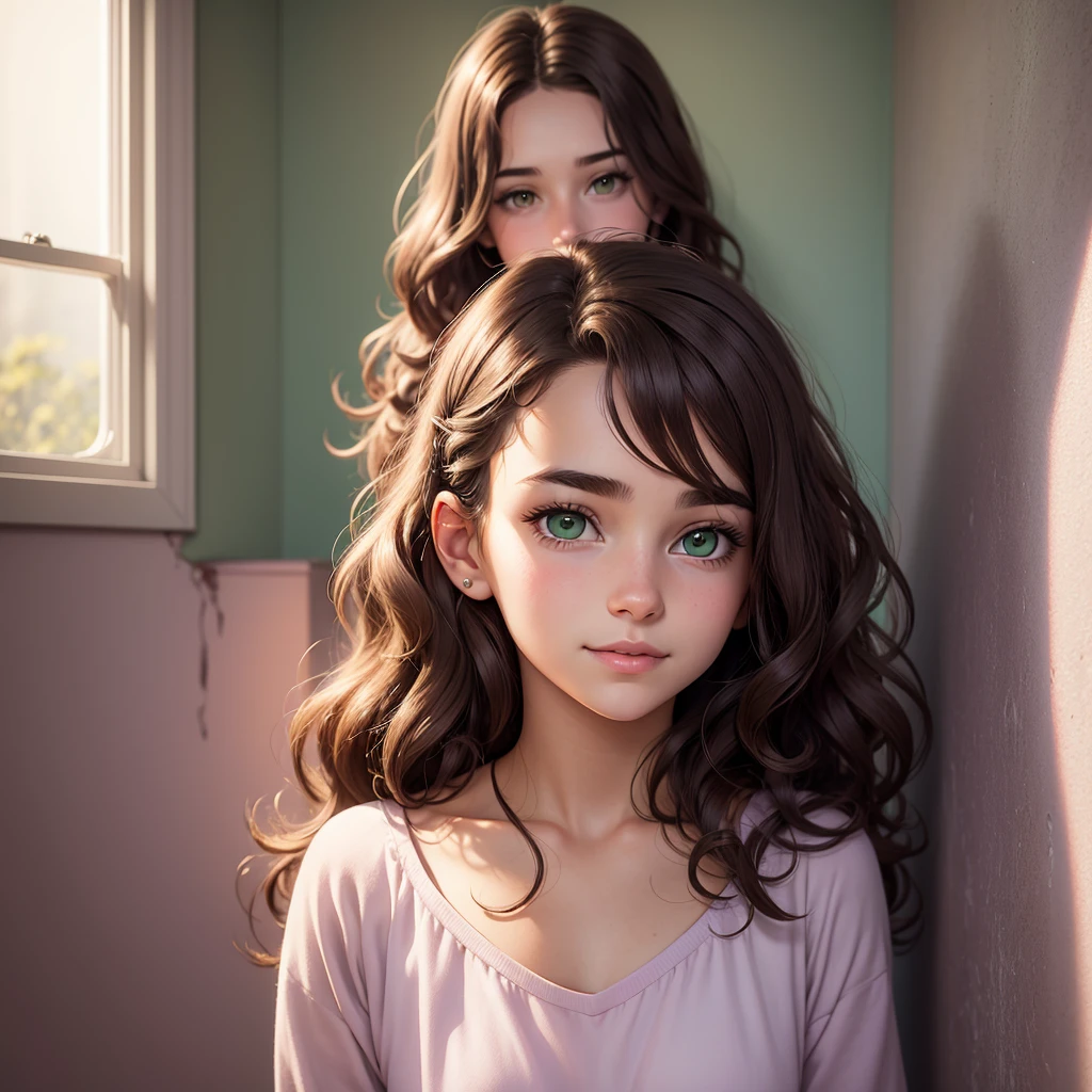 realistic cartoon character 18 year old girl, wavy dark brown hair, green eyes, delicate face, subtle smile, white but not very light skin. She is in her own room with lilac walls staring at the wall blankly