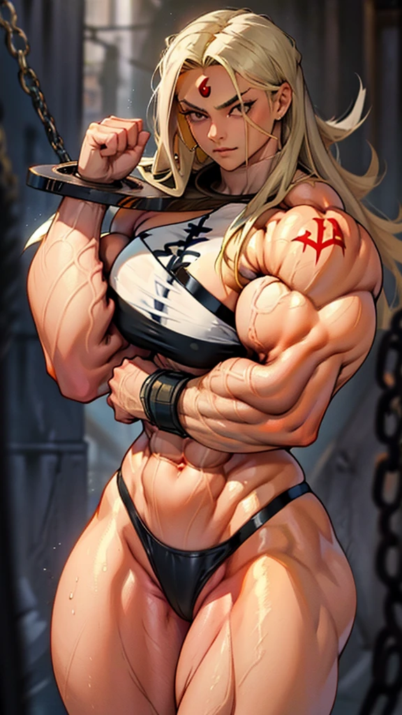 An opai woman,Barba,hair blonde, long hair,Muscle,anger, g-string, in a cage, slave, chained, good looking, Facial spots, Tighten your face, Eyes red, two hands, forehead tattoo, many chains, chained on neck, musclegirl , mulher extremamente musclegirl, Huge body, extremely muscular arms, huge woman, muito musclegirl,