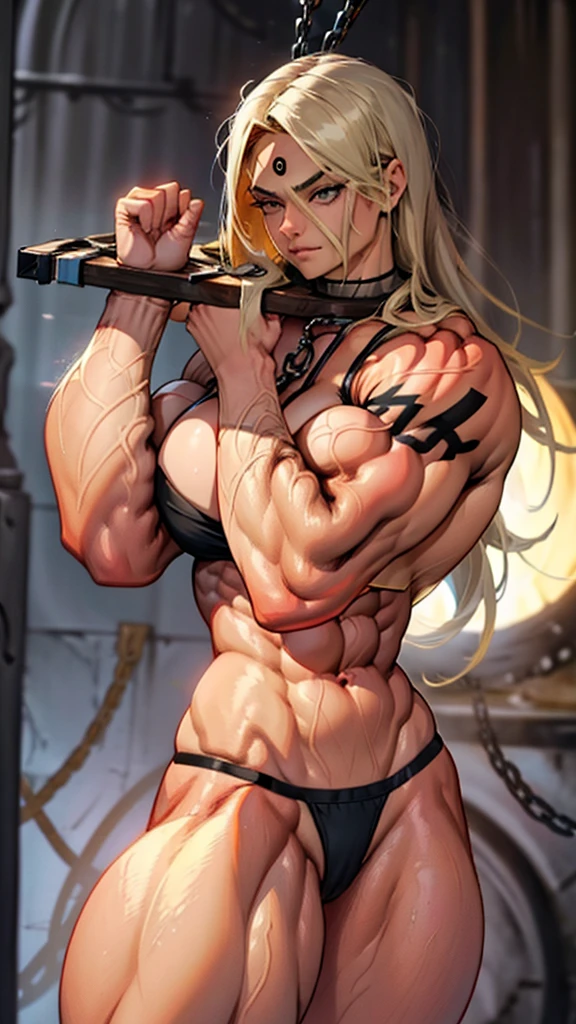 An opai woman,Barba,hair blonde, long hair,Muscle,anger, g-string, in a cage, slave, chained, good looking, Facial spots, Tighten your face, Eyes red, two hands, forehead tattoo, many chains, chained on neck, musclegirl , mulher extremamente musclegirl, Huge body, extremely muscular arms, huge woman, muito musclegirl,
