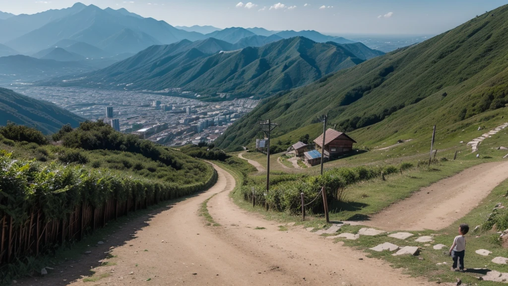 um sentado na moutain com uma lamparina na mão e chapéu chines na cabeça, beautiful landscape, moutain