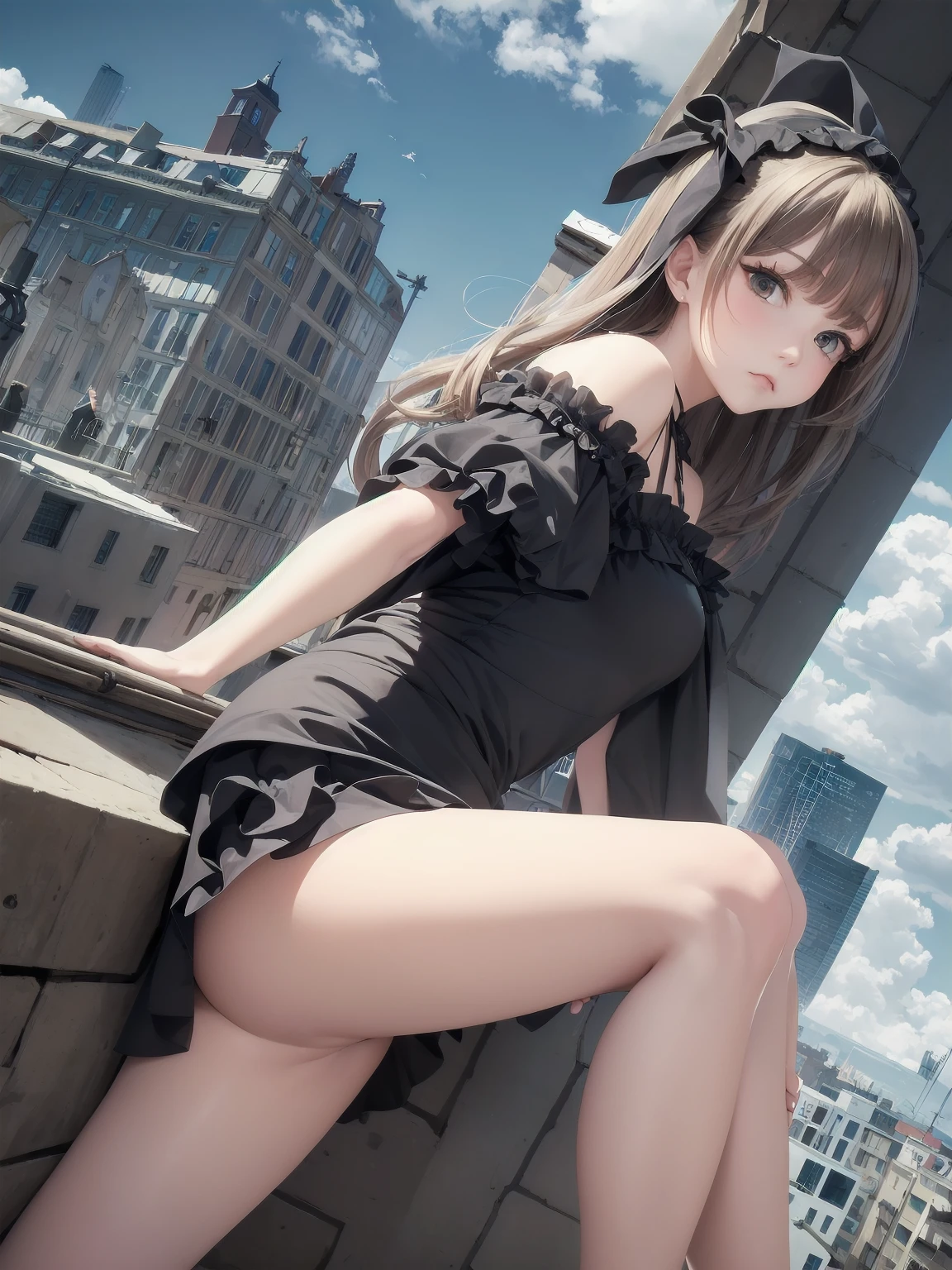 masterpiece、so beautiful、Clear contours、Cute pose of a ta aristocrat、(building, city, cloudy null, Dutch Angle, From the side, Slight frown, View your viewers, Outdoor, rooftop, null, nullscraper