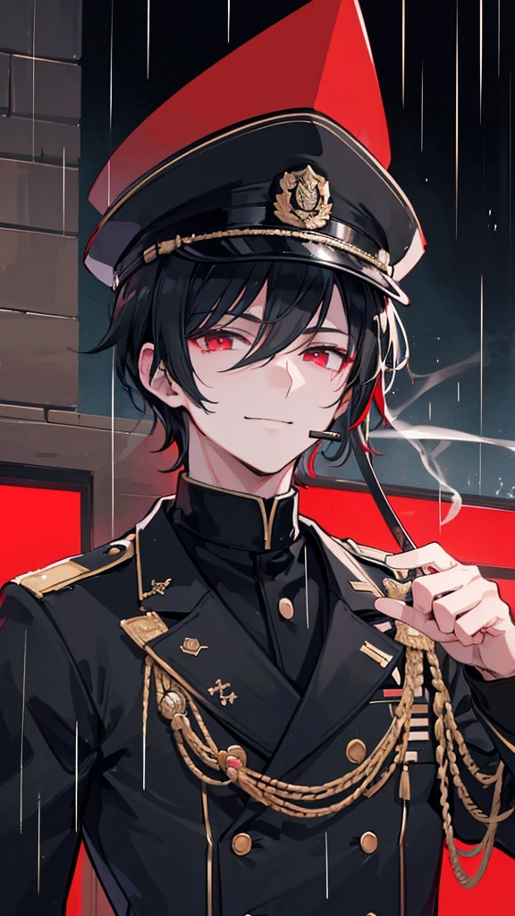 A young man in a black military uniform, handsome, 28 years old, black hair, red eyes, smiling, half of his face hidden by a hat, smoking a cigarette, dark lighting, like a movie scene, with a blurred effect, in the rain, skyscrapers, getting wet, best quality, 8k, ultra-detailed, masterpiece