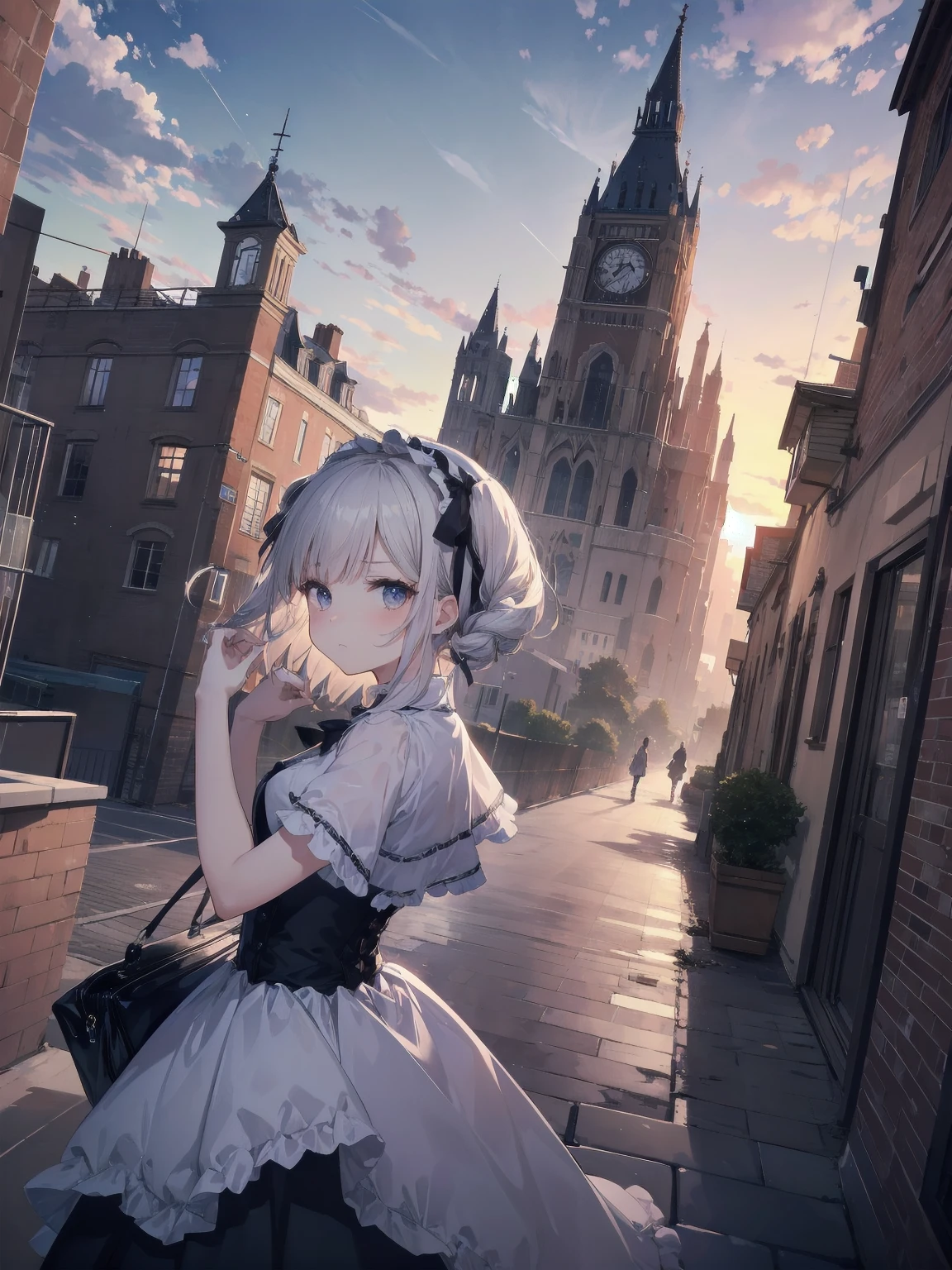 masterpiece、so beautiful、Clear contours、Cute pose of a lolita aristocrat、(building, city, cloudy null, Dutch Angle, From the side, Slight frown, View your viewers, Outdoor, rooftop, null, nullscraper
