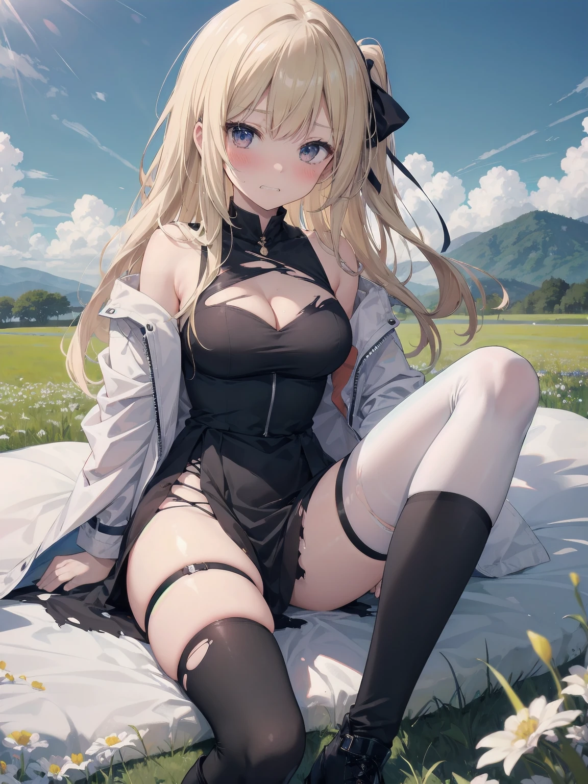 score_9, score_8_up, score_7_up, score_6_up, source_anime, 1girl, solo, cyrille, blonde hair, long hair, hair ribbon, white coat, long sleeves, black dress, black thighhighs, white boots, sitting, spread legs, field, torn clothes, cleavage, medium breasts, looking at you, clenched teeth, blush, embarrassed,