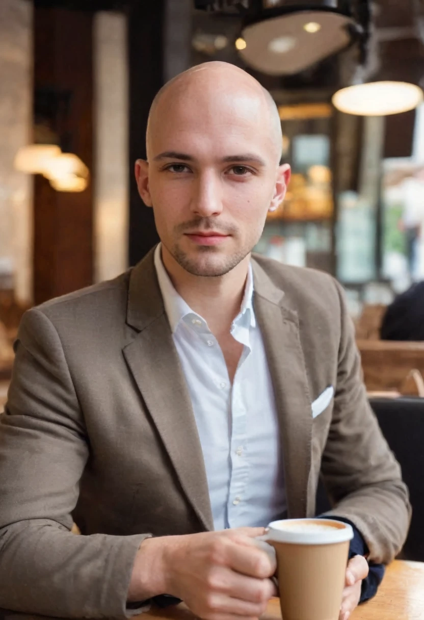 Bald Male, age 25, very thin built, Barba, wearing smart casual clothes, blazer, black boats, in a coffee shop.