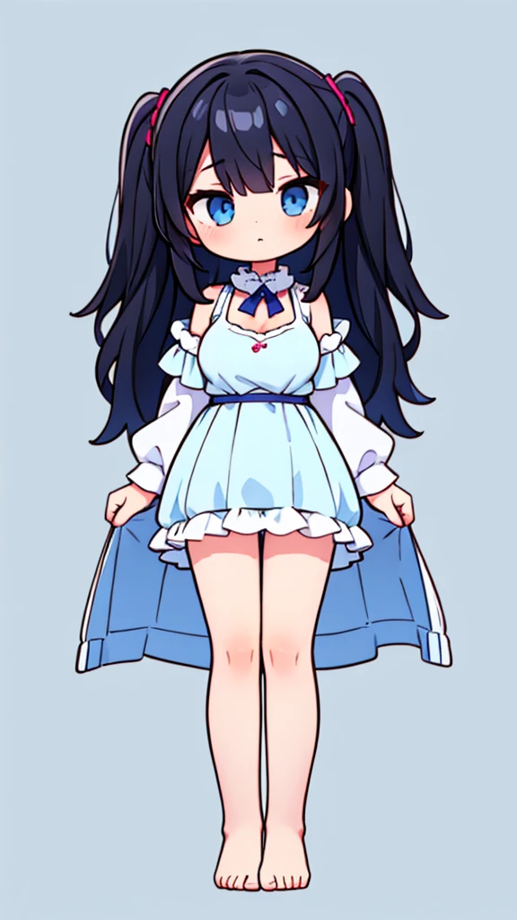 1 girl light blue room wear black hair long straight eyes light blue big breast front upright full body background simple