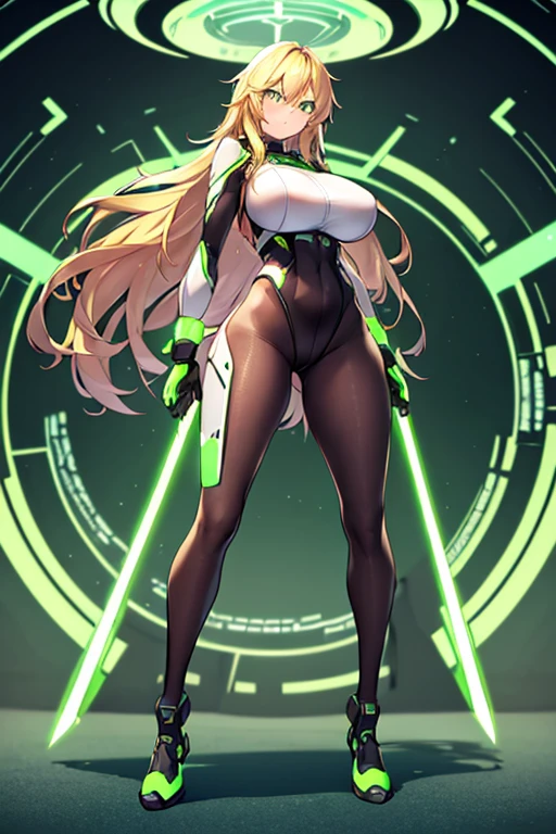 1girl, green eyes, blonde hair, long hair, large breasts, hourglass figure, bodysuit, white bodysuit, neon, neon trim, machinery, tech, science-fiction, futuristic, serious, standing, full body, ((full body)), pantyhose,