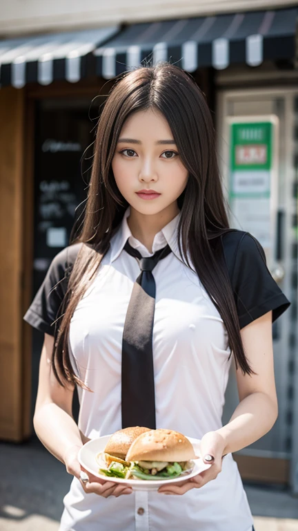Voyeur、、sunlight、(8K, RAW Photos, 最high quality, masterpiece: 1.2), (Realistic, photoRealistic: 1.37), 1 A woman in a waitress uniform standing on the sidewalk, ,Age 25、 Professional Lighting, 10 head and body,Photon Mapping, , Brazilian women, Torn, 、, Incredibly beautiful face、Playmate proportions、Delivery staff、、,At a fast food restaurant,Carrying tableware、 masterpiece, 最high quality, high quality, High resolution, big , (Face close-up),working at a restaurant、Hair is tied、Updo、Please tie your hair tightly、Slicked back hair、The ultimate revealing outfit、Uncontrollable orgasm、、、In search of pleasure、Ahan、Voyeur