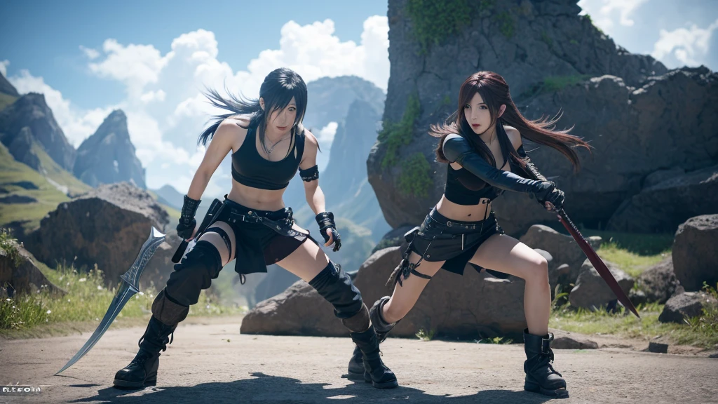 Final Fantasy 6 character combat scene、Tifa、Celis、rock、edgar、high resolution、4K、Attention to detail、Realistic、high quality、