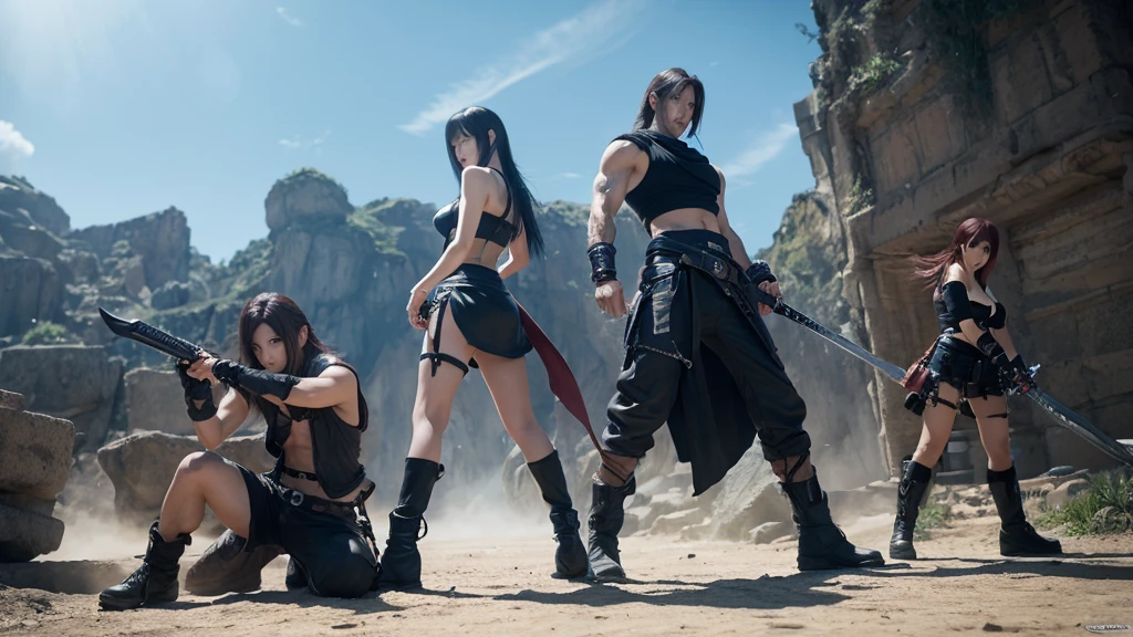 Final Fantasy 6 character combat scene、Tifa、Celis、rock、edgar、high resolution、4K、Attention to detail、Realistic、high quality、