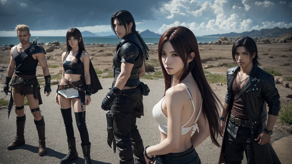 Final Fantasy 6 character combat scene、Tifa、Celis、rock、edgar、high resolution、4K、Attention to detail、Realistic、high quality、