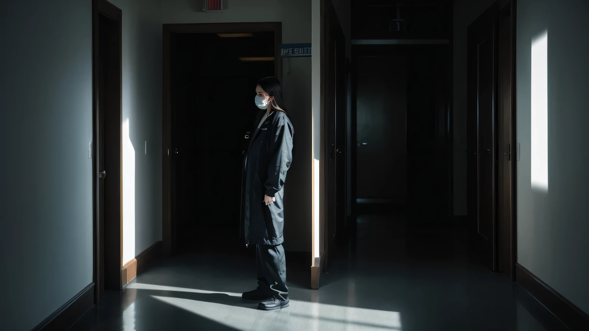 (best quality,4k,8k,highres,masterpiece:1.2),ultra-detailed,(realistic,photorealistic,photo-realistic:1.37),security camera footage,patient standing,vacant stare,dark hospital corridor,dramatic lighting,cinematic,moody atmosphere,eerie,unsettling,high contrast,cold tones,dramatic shadows,blurred edges,single point of focus,camera shake,surveillance footage aesthetic