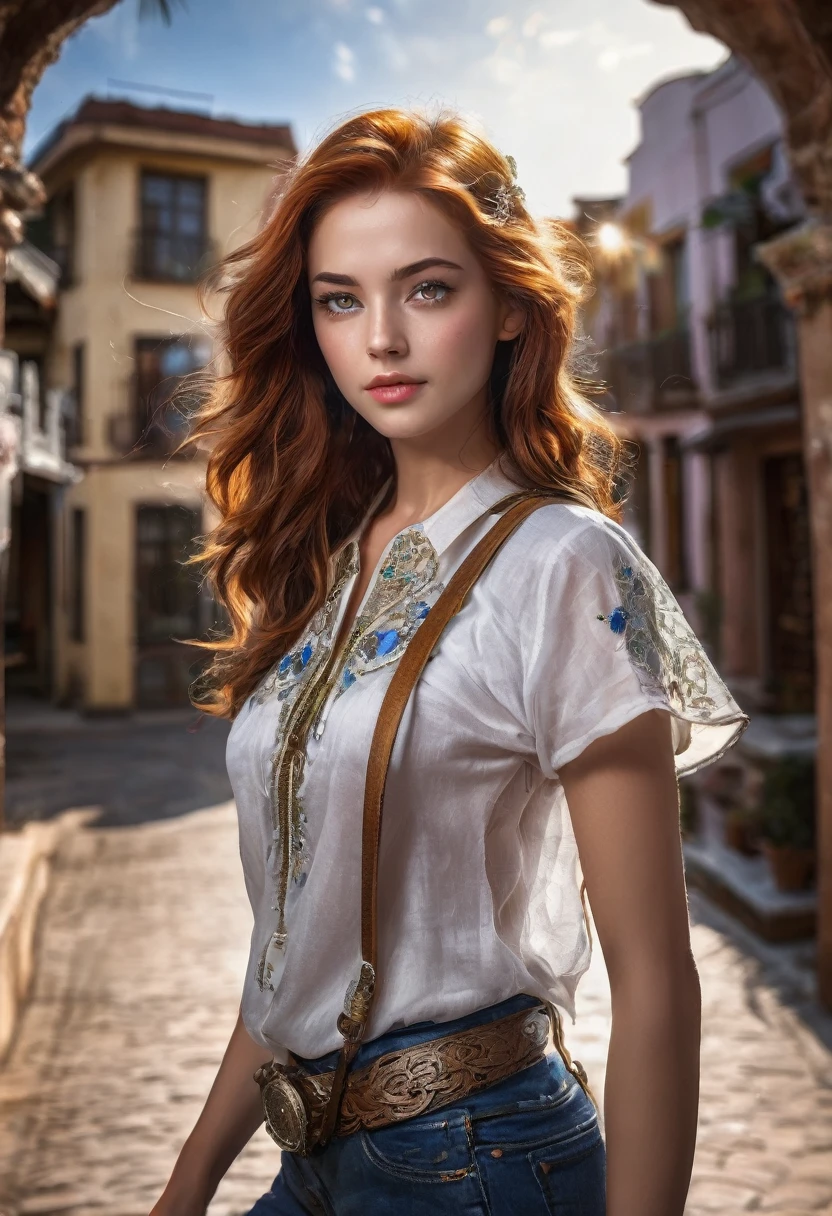 (RAW,mock,Nikon Z 14mm Ultra Wide Angle Lens,Award-winning glamor photos,perfect shape,((Best Quality)),((Masterpieces)),((natural)),skin pores,Subsurface Dispersion,Radiate light,high resolution,detailed facial features,High details,sharp focus,seeds,beautiful,extremely detailed,(Ojos Very detaileds color azules, long red hair, iris Very detailed),extremely detailed hair,extremely detailed skin,extremely detailed clothes,Representation of the octane number,natural,natural,Post processing,maximum detail,Natural details of the hands,perfect shape, realistic shadows, roughness, natural skin texture, real life, A hyperrealist, realism, Photography, 8k hd, Photography, HDR, Complex,The figure is naturally perfect.,elegant, Very detailed, sharp focus, amazing, beautiful, florida), (Masterpieces:1.2, Best Quality1:1, ultra detail:1.2, best shadow, 8k:1.1), (Big cities:1.3, Ceiling:1.1, The urban structure below, arm), (Contrast the background, bright background), (beautiful detail face), High contrast, (perfect lighting:1.2, beautiful colors,delicate colors),((cinematic light)),showy,ultra detail,dramatic light,intricate details,(1 girl girl,Alone,with brown hair,smiling,short hair,Straight hair:1.1,Blue eyes,dynamic angles,white sleeveless t-shirt,Cowboys,cowboy shots,Los arms están naturalmente hacia abajo.),depth of field,