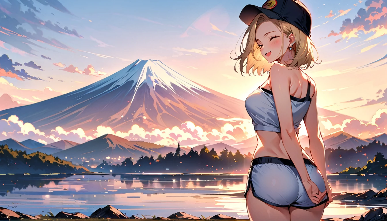 (masterpiece, best quality:1.2), solo, Android 18 from Dragon Ball, ((slip-on one-shoulder crop top)), (light gray top:1.2), (light gray dolphin shorts), (thigh gap), medium breasts, short blonde hair loose, ((close eyes)), earrings on earlobes, slender feminine figure, narrow waistline, skinny body, (plane black cap), (cap without logo), gray newbalance shoes, sky, looking at viewer, blush, shot from behind, looking back, back view, walking, Mt.Fuji, outside, natural lighting and shadows, magnificent view, blur background, 4K, open mouth, smile, beautiful butt, summer