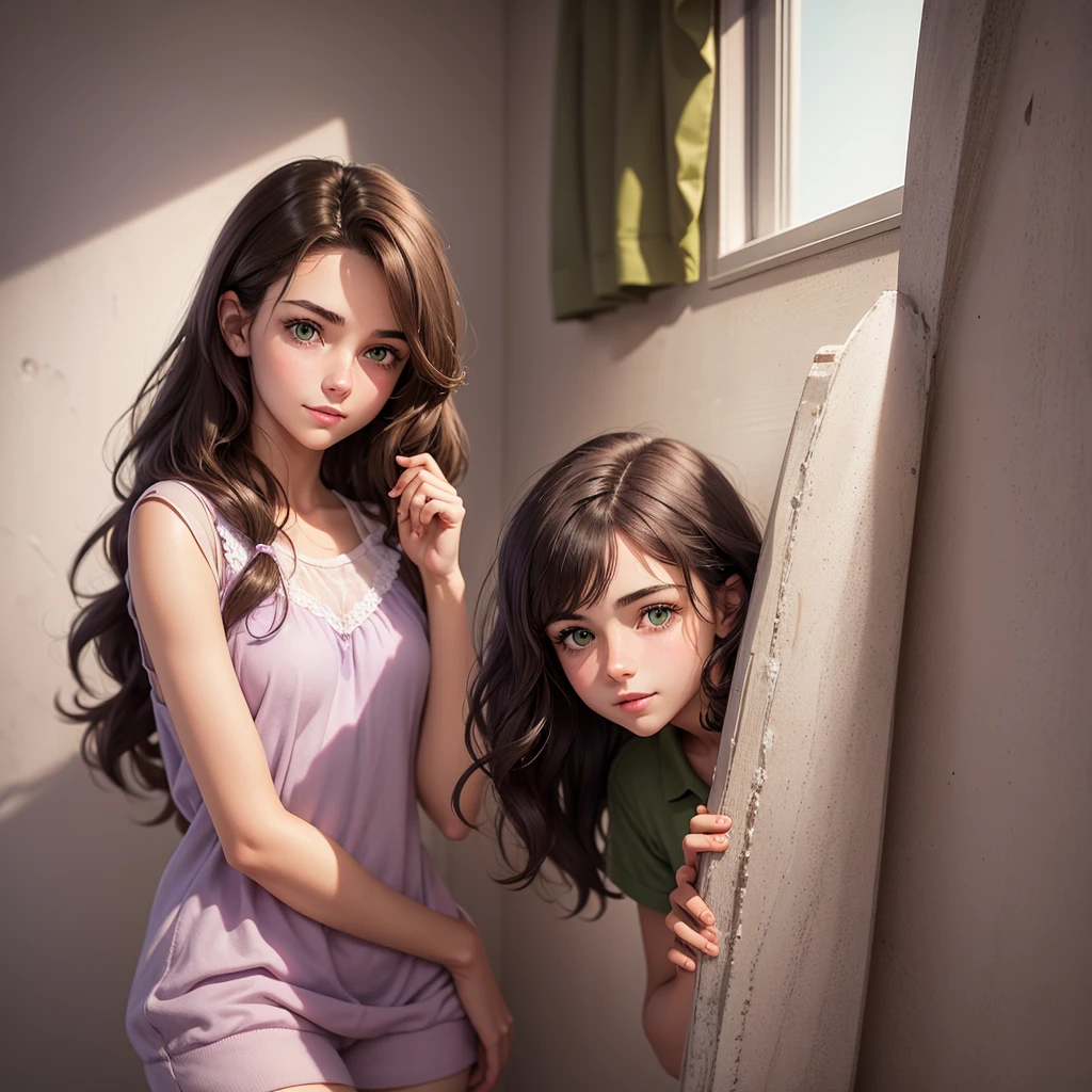 realistic cartoon character 18 year old girl, wavy dark brown hair, green eyes, delicate face, subtle smile, white but not very light skin. She is in her own room with lilac walls staring at the wall blankly