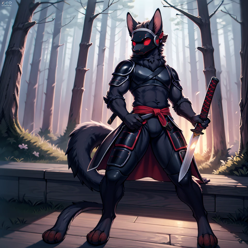 (high resolution masterpiece)), ((Best Quality)), illustration, furry, cat, animal ears, cola, Body coat, black fur, 1 chico, man, Upper part of the body, 1 Boy alone, adult *//*, Red eyes *//*, black full body samurai armor, samurai helmet, looking down right, blank expression, serious look, Holding a katana, night forest in the background