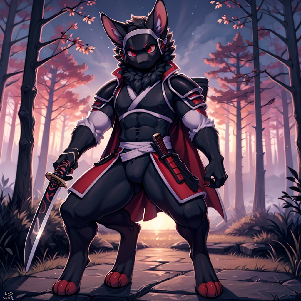 (high resolution masterpiece)), ((Best Quality)), illustration, furry, cat, animal ears, cola, Body coat, black fur, 1 chico, man, Upper part of the body, 1 Boy alone, adult *//*, Red eyes *//*, black full body samurai armor, samurai helmet, looking down right, blank expression, serious look, Holding a katana, night forest in the background