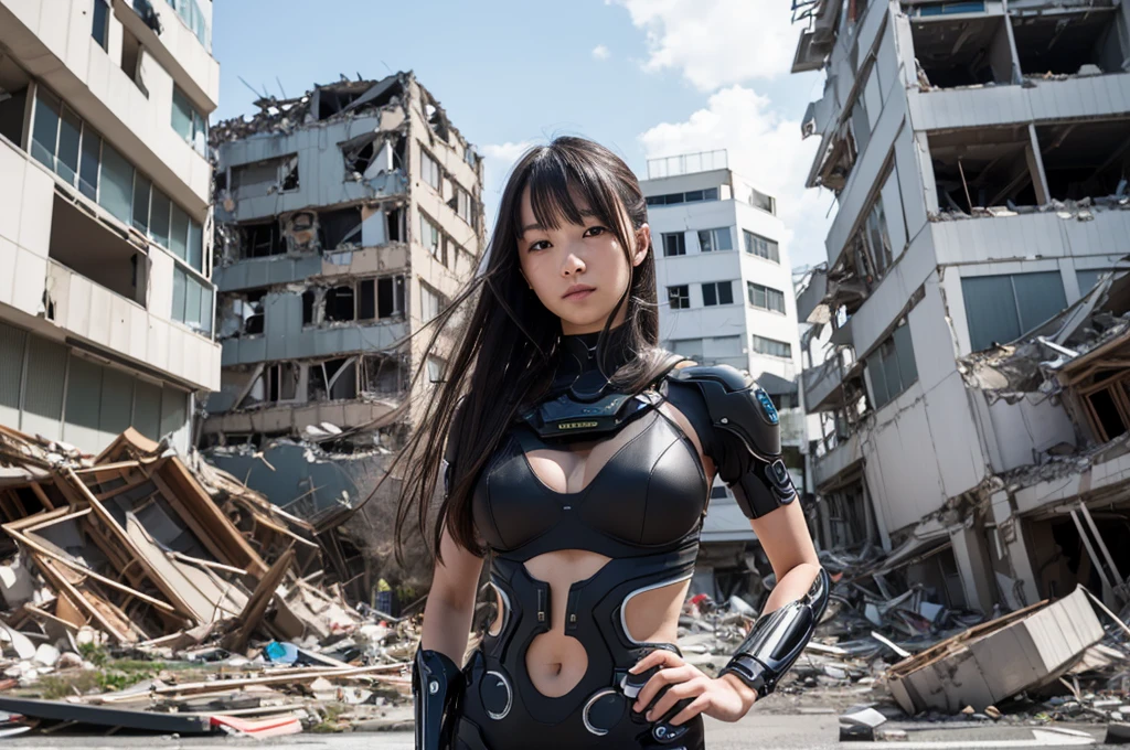 Highest quality,Very sophisticated and beautiful Japanese cyborg girl, A dynamic pose in front of the destroyed low-rise buildings in Kyoto city、 Bionic body with futuristic details. (Dynamic pose in front of a destroyed low-rise building in Kyoto's old town. highly sophisticated cyborg, Bionic body with futuristic details.)