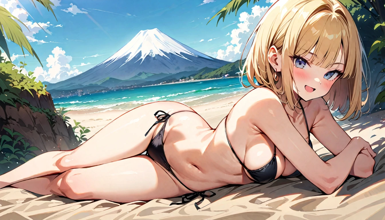 (masterpiece, best quality:1.2),1girl, (solo), Android 18 from Dragon Ball, ((string bikini, black bikini, side-tie bikini bottom, thigh gap)), lying on stomach, medium breasts, blunt bangs, blonde short hair, (black eyes), earrings on earlobes, slim, slender feminine figure, skinny body, blush, sky, magnificent view, blur background, 4K, open mouth, beach, smile, (Sandy Beach), beautiful butt, side boob, sun, Mt.Fuji