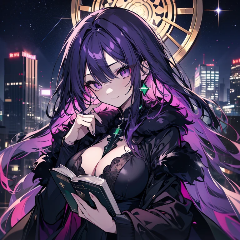 1 girl、Mature、Ample breasts、Long Hair、Purple Hair、Center Part、Black Dress、Long sleeve、Dress with open chest、Fur coat、Long coat、Emerald green earrings、cross tattoo on forehead、Have a thick book、Wine Red Book、Starry Sky、A seductive smile、Night view、Like a jewel、Cinema Lighting、High resolution、Highest quality