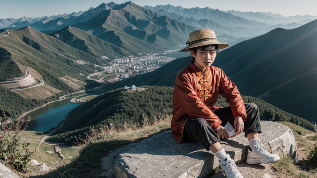 chinese country boy, Youngh, Chinese hat, sitting on the mountain